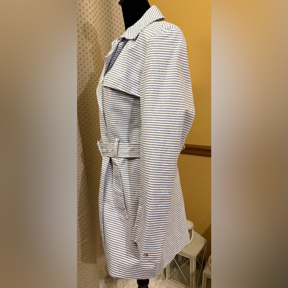 Tommy Hilfiger NWOT Light Blue and White Striped Double Breasted Trench Coat - Picture 4 of 11
